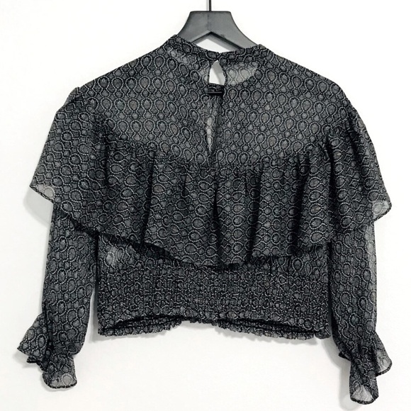 New! ZARA Metallic Thread Ruffles Smock Cropped Printed Blouse Top - Picture 8 of 16